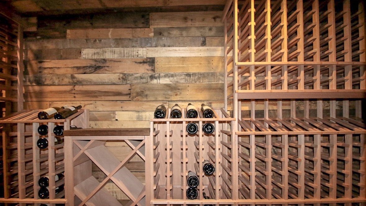 Large Wine Cellar with Reclaimed Pallet Wall Board