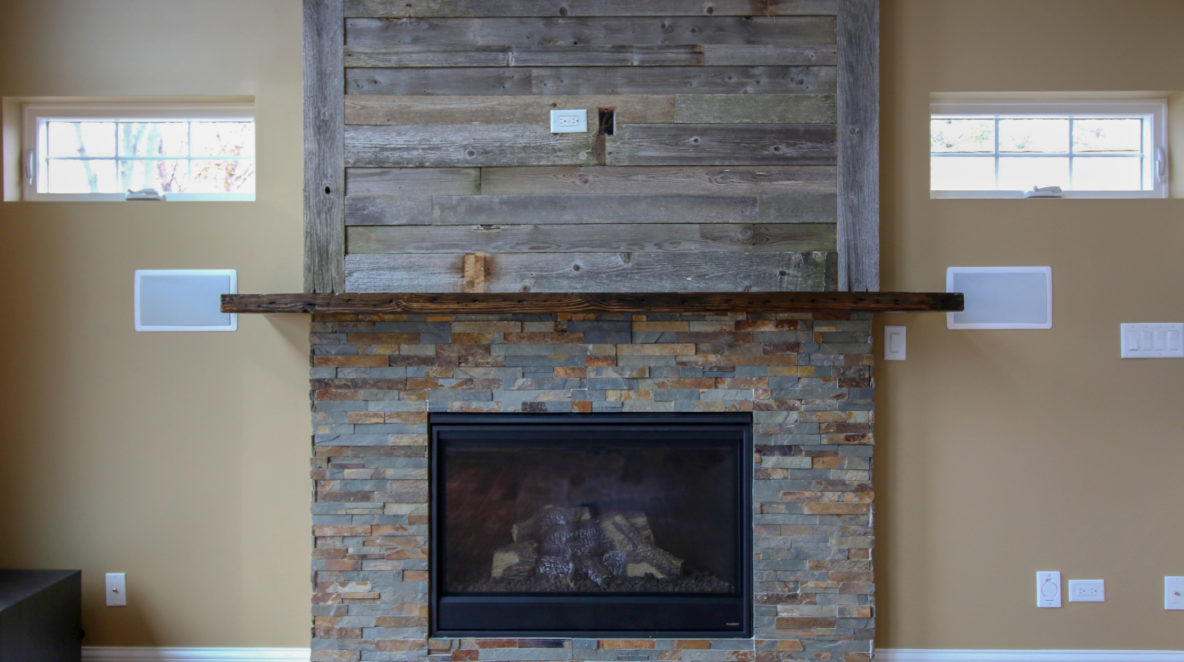 Fireplace with Combination of Stacked Slate and Reclaimed Barnwood