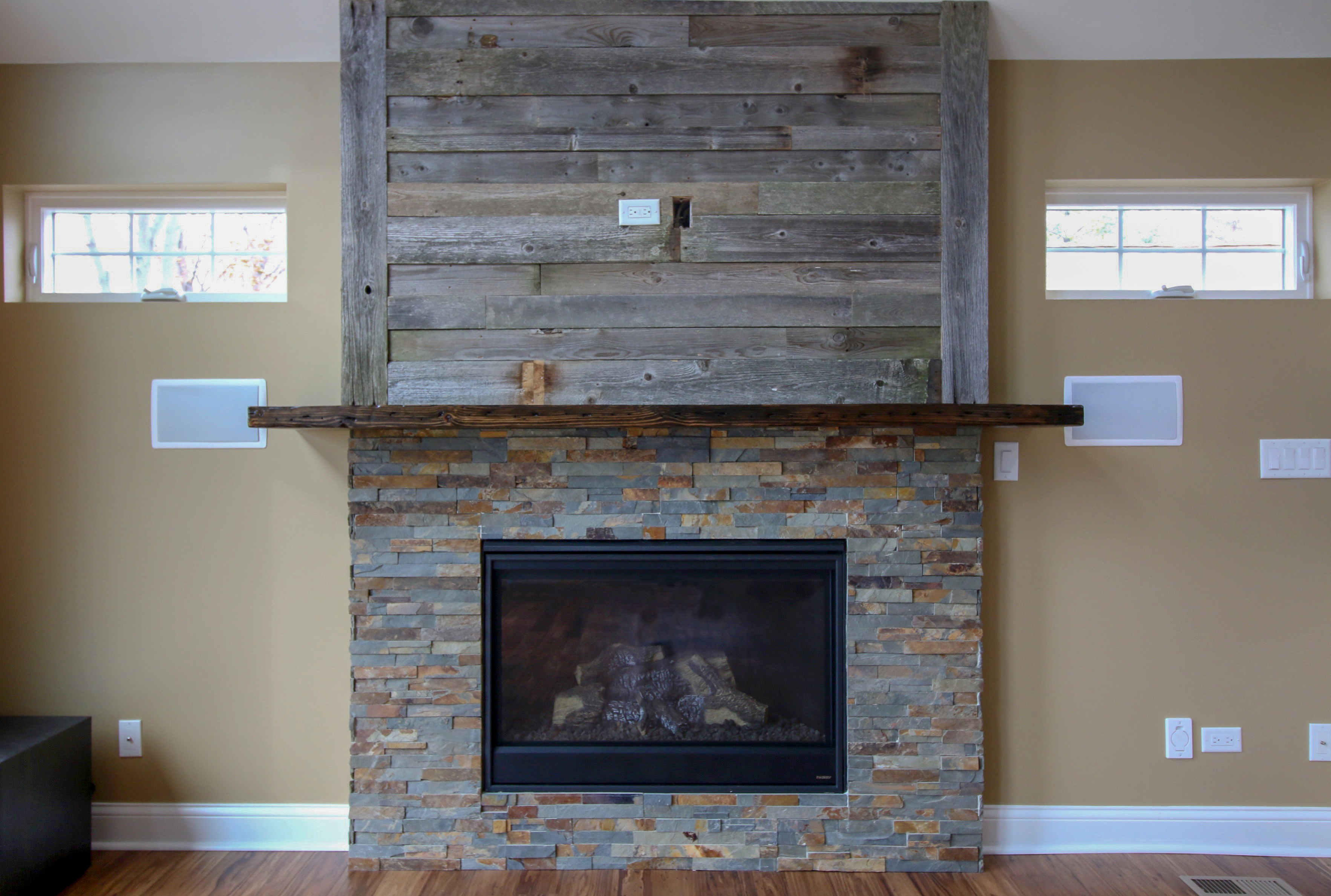 Fireplace with Combination of Stacked Slate and Reclaimed Barnwood