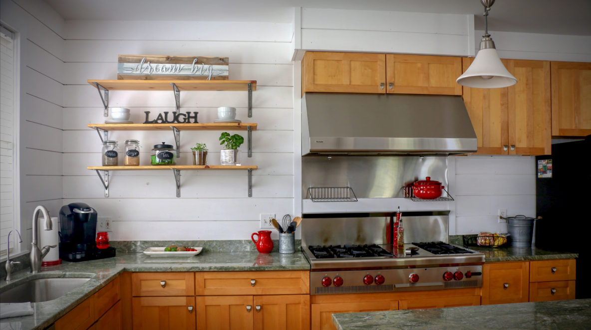 Open Shelf Kitchen with White Shiplap