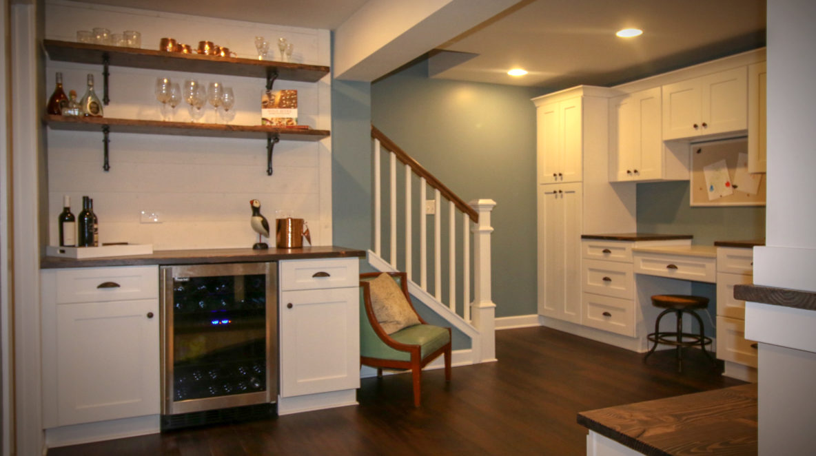 Open-shelf with Shiplap Bar in Basement