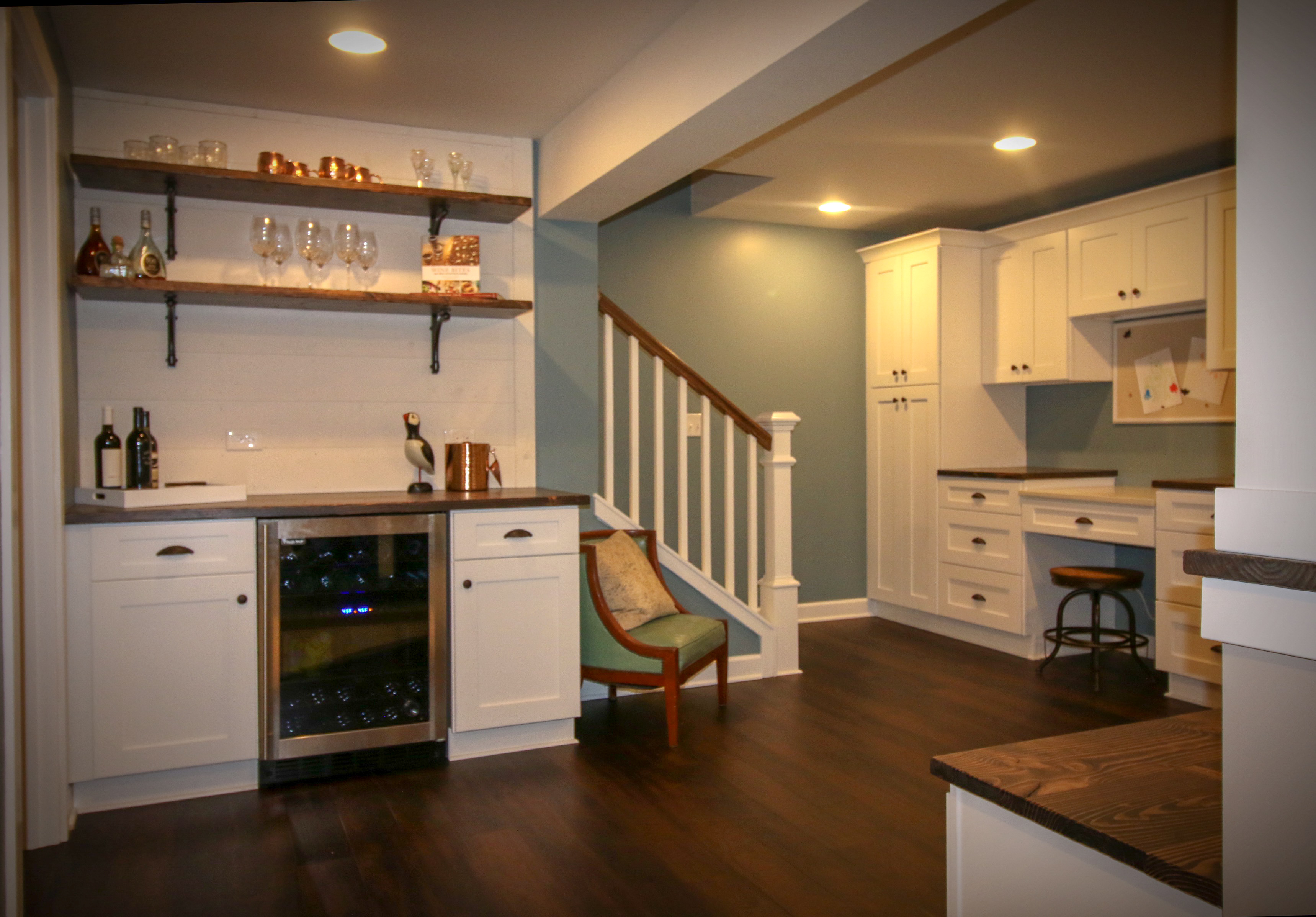 Open-shelf with Shiplap Bar in Basement