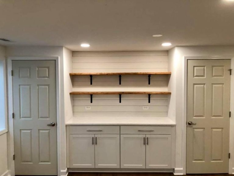Shiplap Wall Accent Wall with Chunky Wood Shelves
