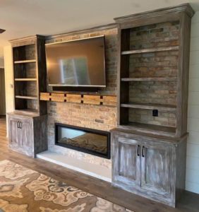 Ribbon Fireplace Wall with Custom Built-ins and Shiplap Wall