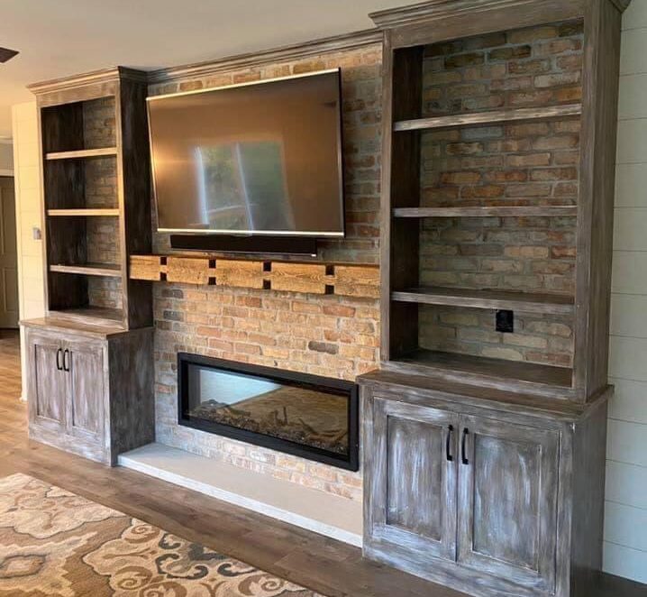 Ribbon Fireplace Wall with Custom Built-ins and Shiplap Wall